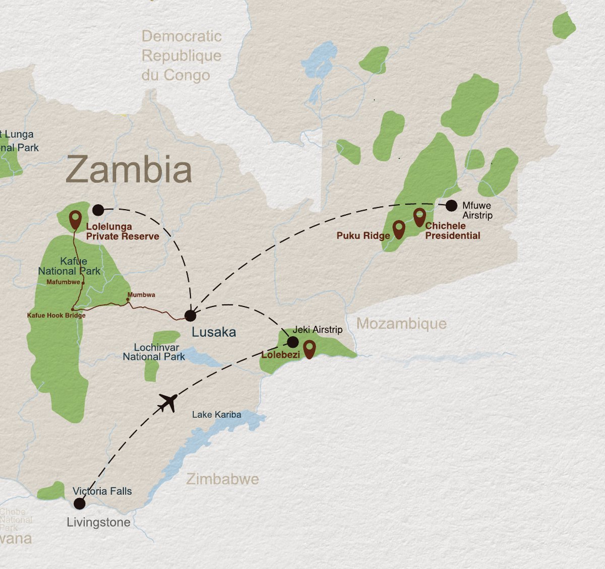 Map of Zambia showing Chichele Presidential in the South Luangwa, reached via Mfuwe Airport
