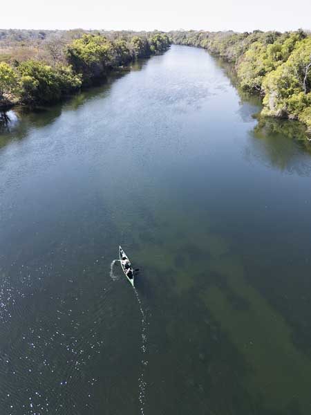 Aerial view of a canoe on the Lunga River